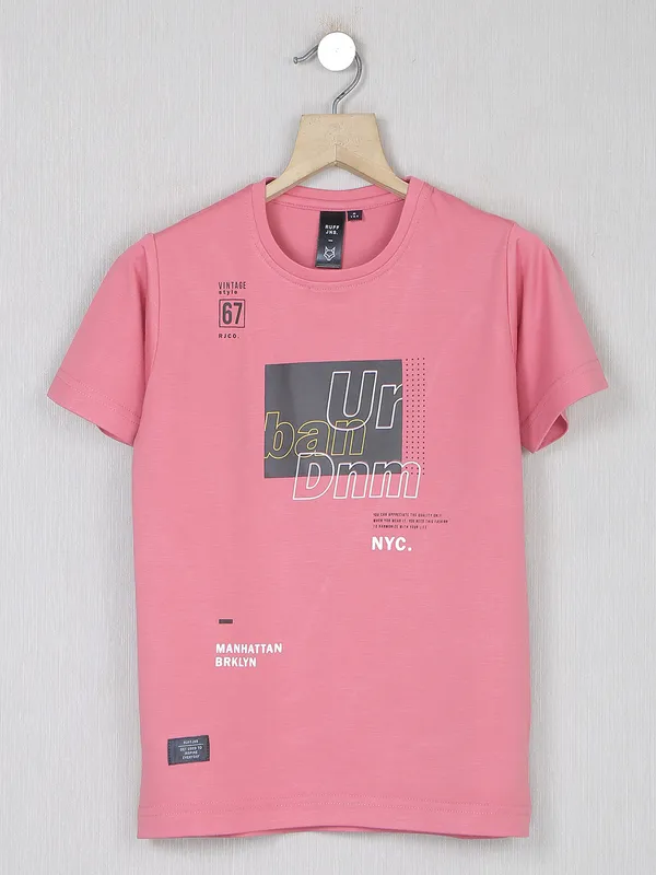 Ruff coral pink cotton printed boys t shirt