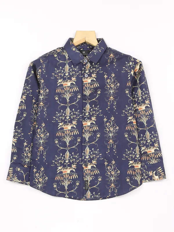 Ruff navy cotton printed boys shirt