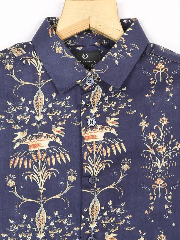 Ruff navy cotton printed boys shirt