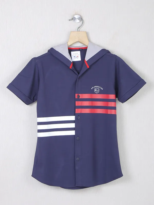 Ruff navy printed cotton casual wear shirt