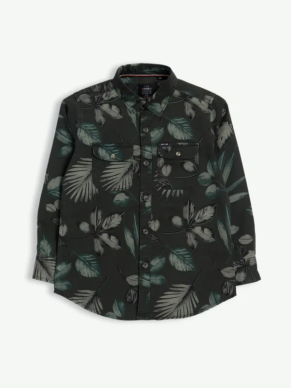 Ruff printed dark green cotton shirt