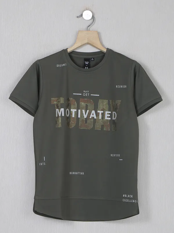 Ruff printed olive cotton casual wear t shirt