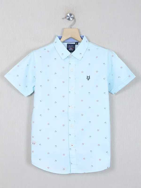 Ruff printed sky blue casual cotton shirt