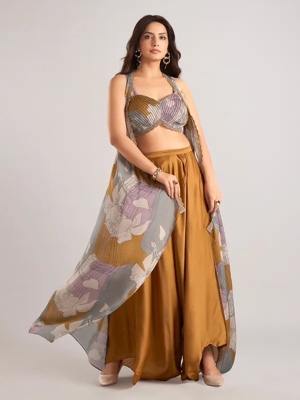 Rust brown satin silk printed jacket style palazzo suit