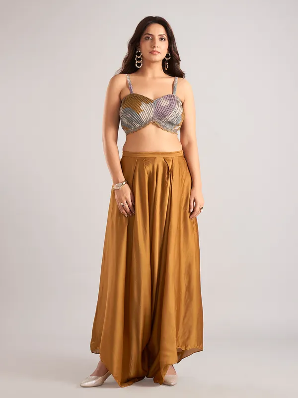 Rust brown satin silk printed jacket style palazzo suit