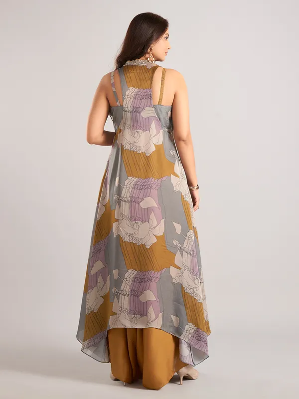 Rust brown satin silk printed jacket style palazzo suit