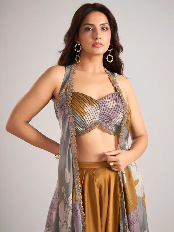 Rust brown satin silk printed jacket style palazzo suit