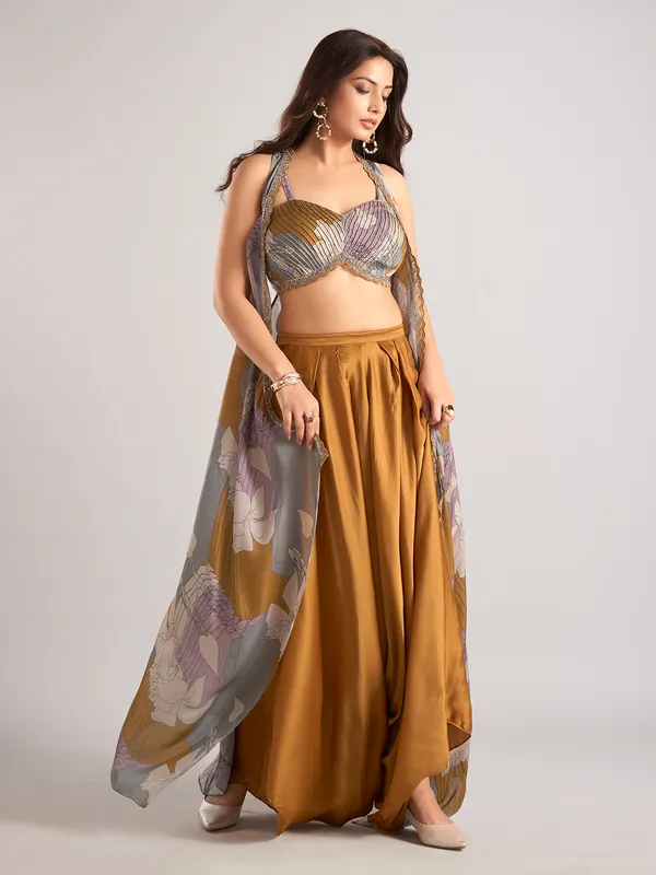 Rust brown satin silk printed jacket style palazzo suit
