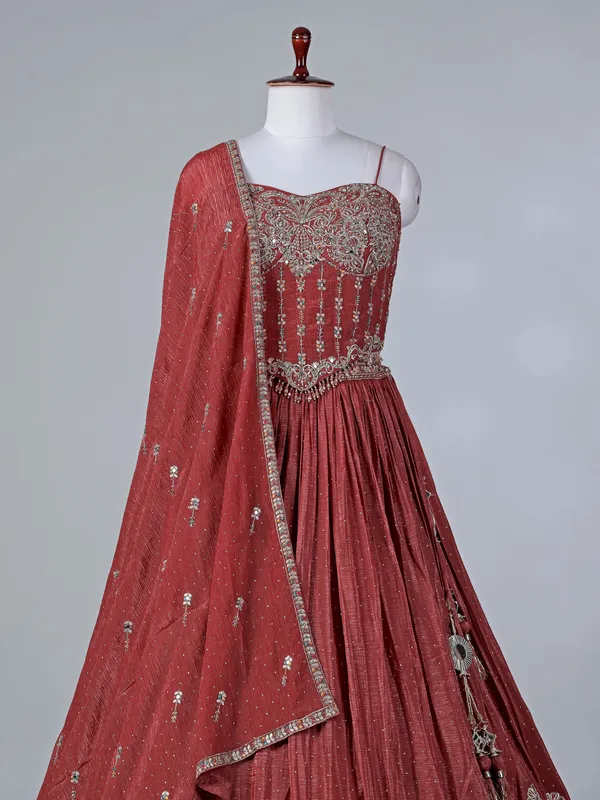 Rust brown silk lehenga choli with mirror accents