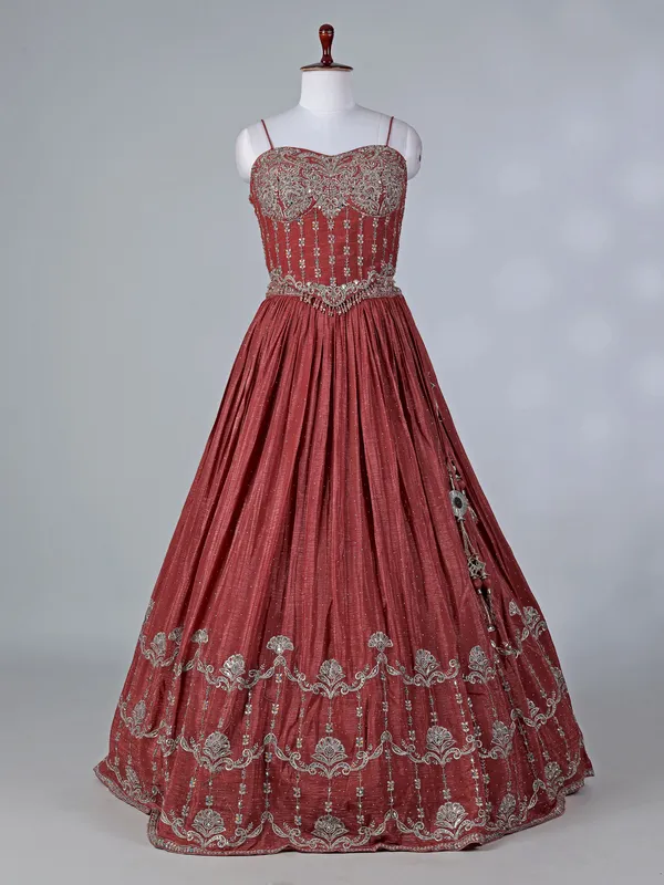 Rust brown silk lehenga choli with mirror accents