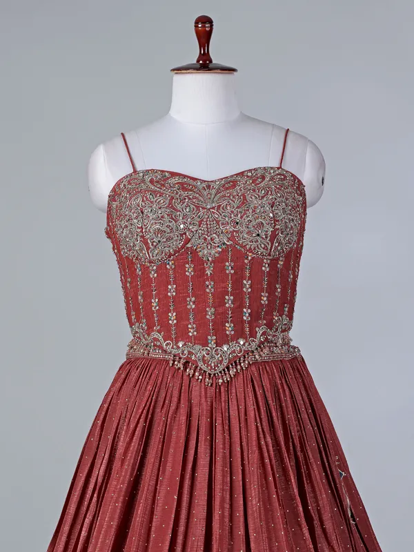 Rust brown silk lehenga choli with mirror accents