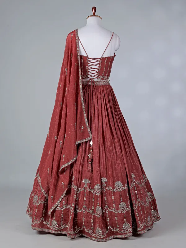 Rust brown silk lehenga choli with mirror accents