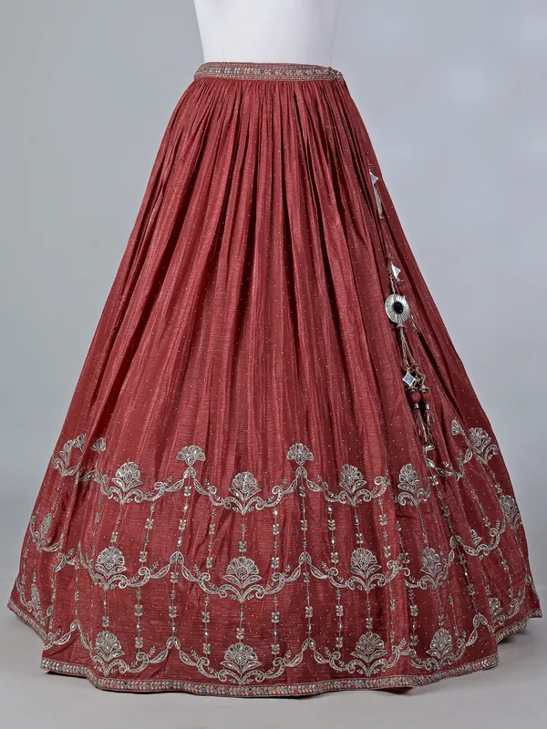 Rust brown silk lehenga choli with mirror accents