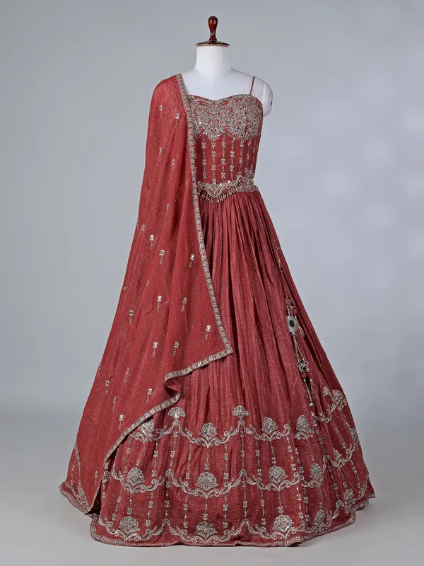 Rust brown silk lehenga choli with mirror accents