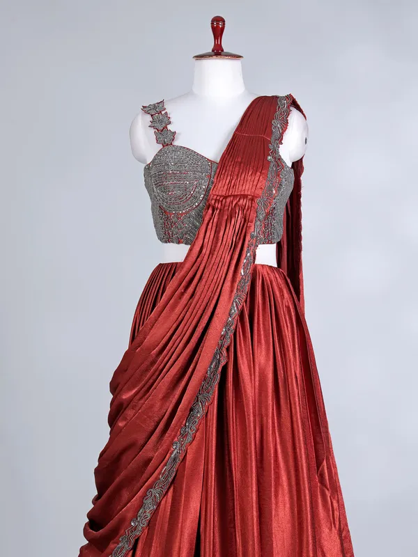 Rust brown silk plated dupatta lehenga choli