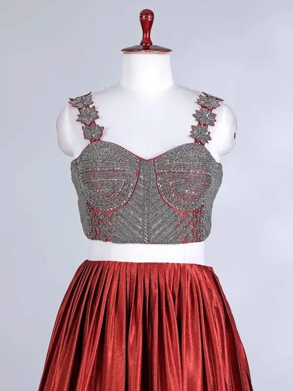 Rust brown silk plated dupatta lehenga choli