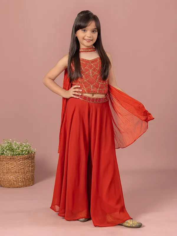 Rust georgette cutdana beads palazzo suit