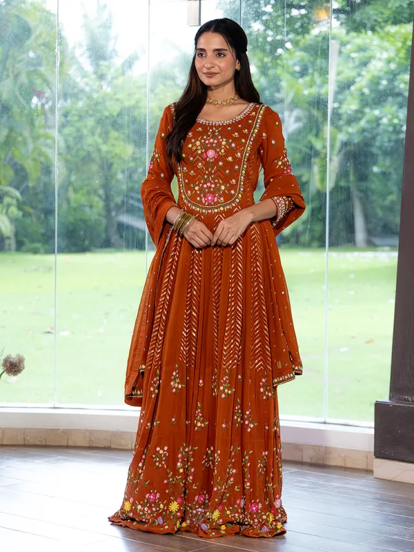 Rust oragne anarkali suit in georgette with dupatta