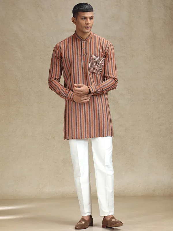 Rust orange and brown kurta pajama set in stripe pattern