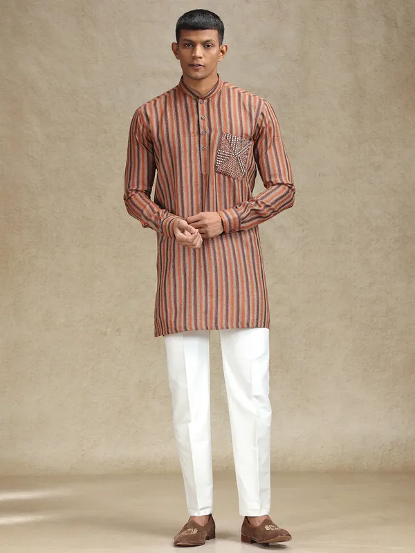 Rust orange and brown kurta pajama set in stripe pattern