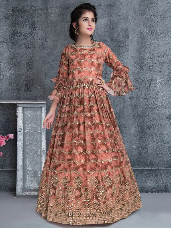 Rust orange color georgette floor length gown