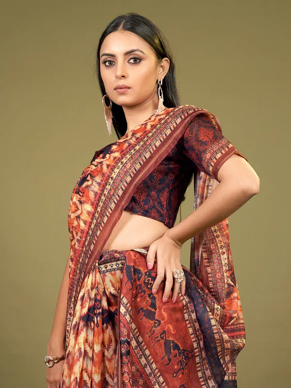 Rust orange cotton festive wear saree