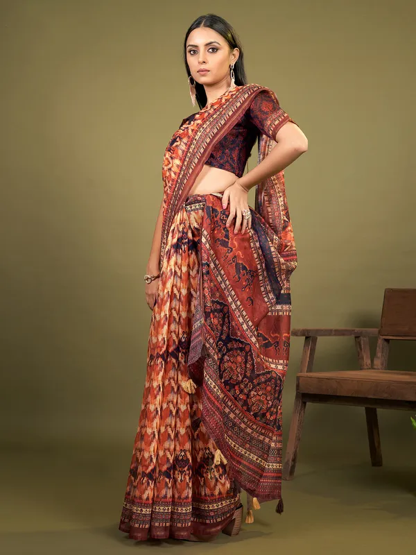 Rust orange cotton festive wear saree