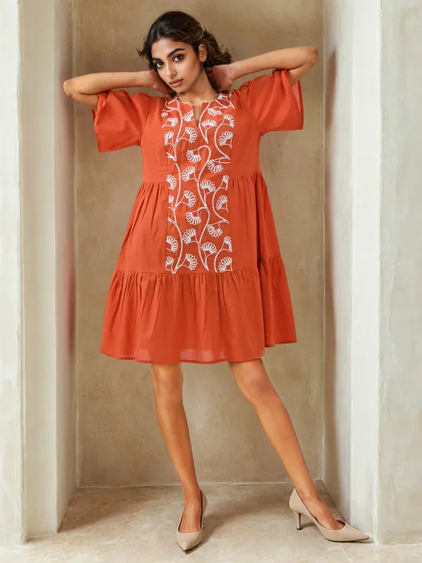 Rust orange cotton kurti for women