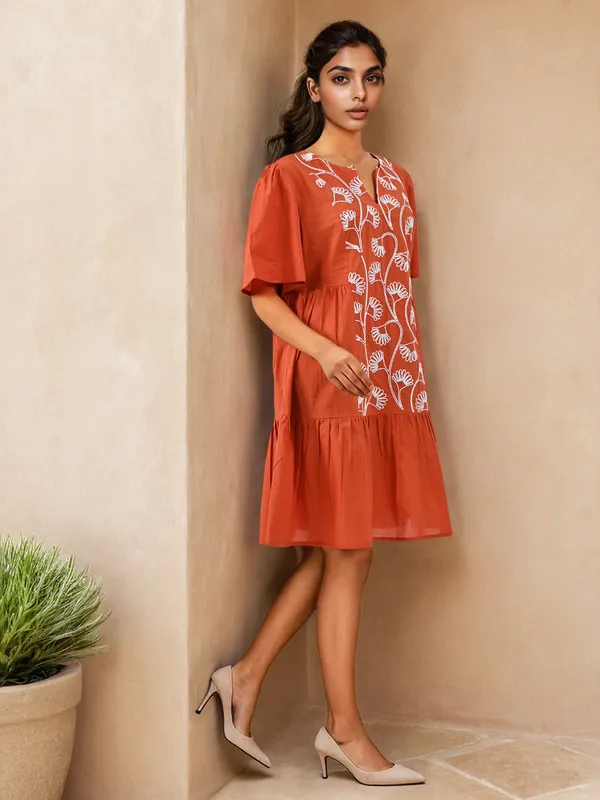 Rust orange cotton kurti for women