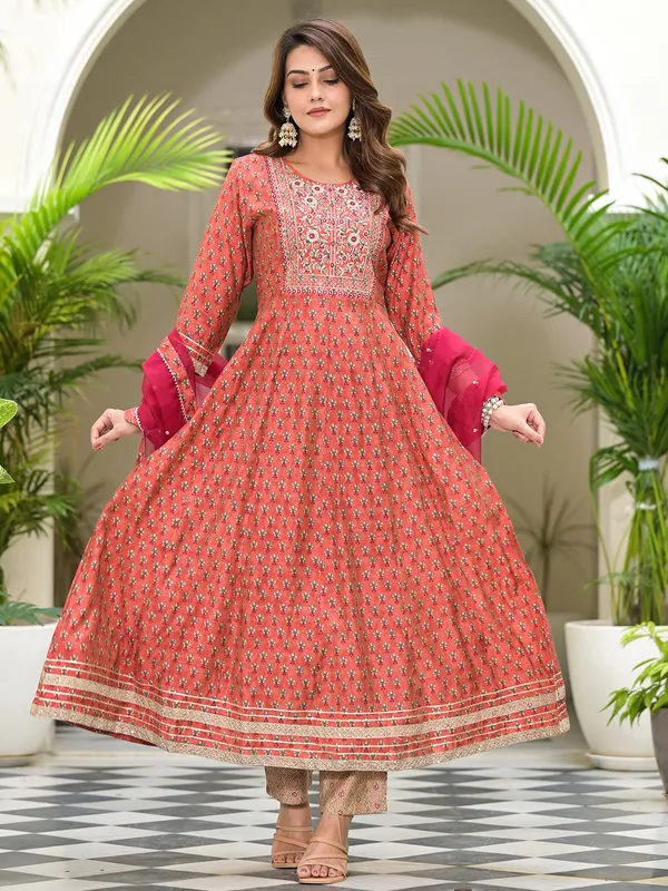 Rust orange crepe printed kurti set