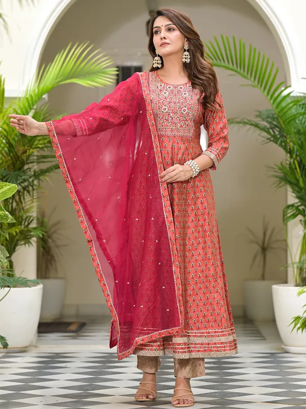 Rust orange crepe printed kurti set