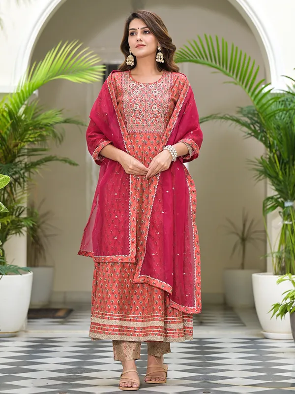 Rust orange crepe printed kurti set