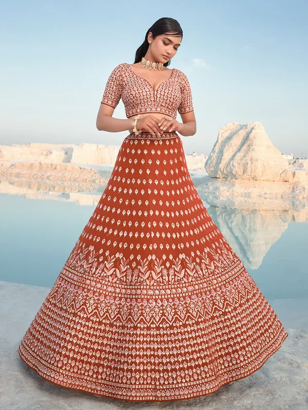 Rust orange georgette wedding lehenga choli