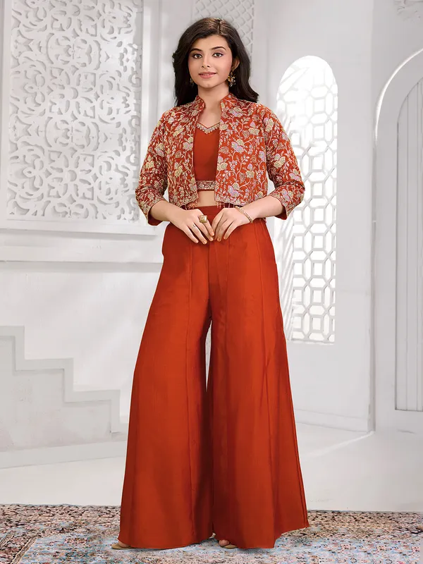 Rust orange jacket style silk palazzo outfit