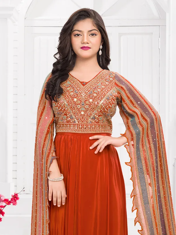 Rust orange mirror work silk designer suit
