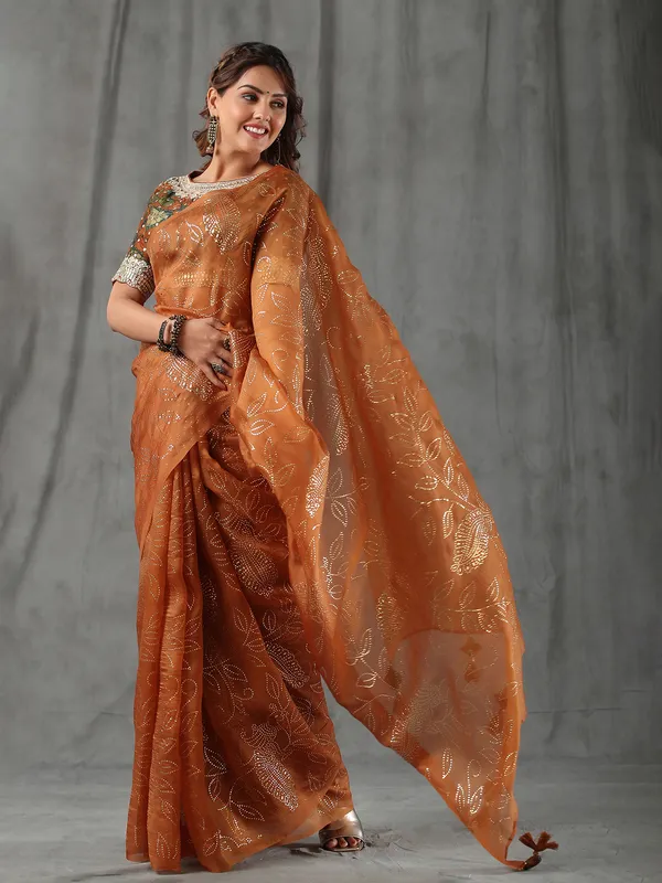 Rust orange organza saree