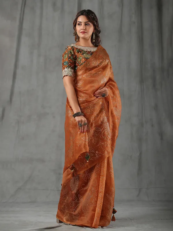 Rust orange organza saree