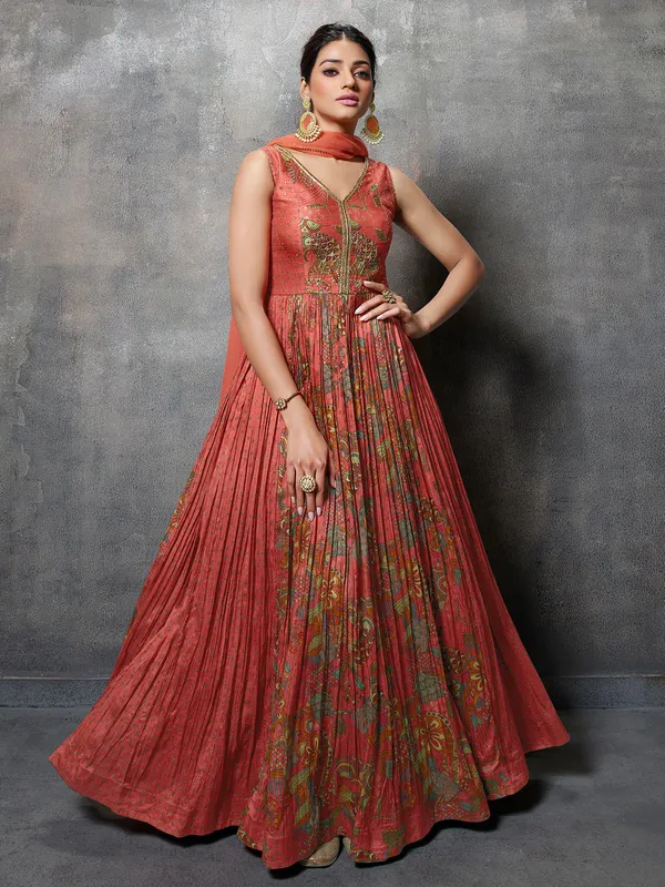 Rust orange printed anarkali suit in silk