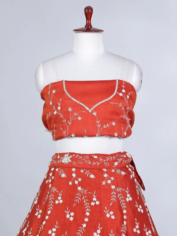 Rust orange raw silk pearl and beaded lehenga choli