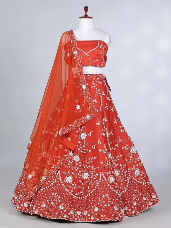 Rust orange raw silk pearl and beaded lehenga choli