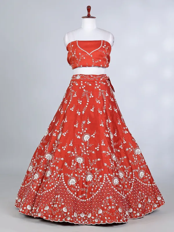 Rust orange raw silk pearl and beaded lehenga choli