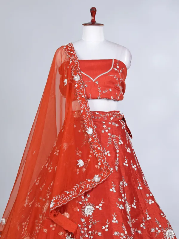 Rust orange raw silk pearl and beaded lehenga choli