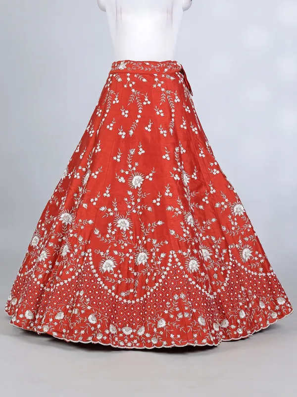 Rust orange raw silk pearl and beaded lehenga choli