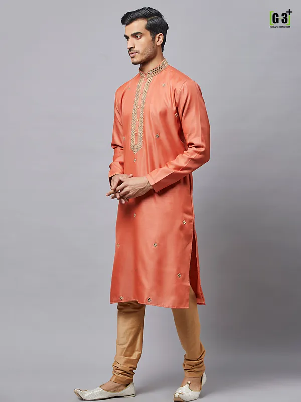 Rust orange silk kurta suit for men