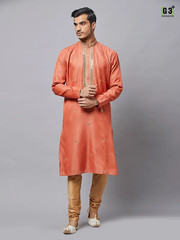 Rust orange silk Kurta Set for Men