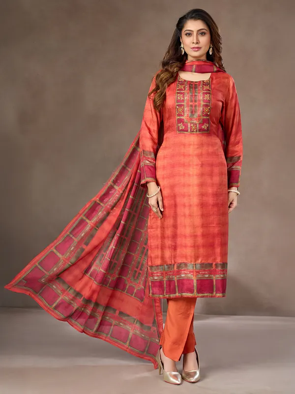 Rust orange silk salwar suit with embroidery and aabla