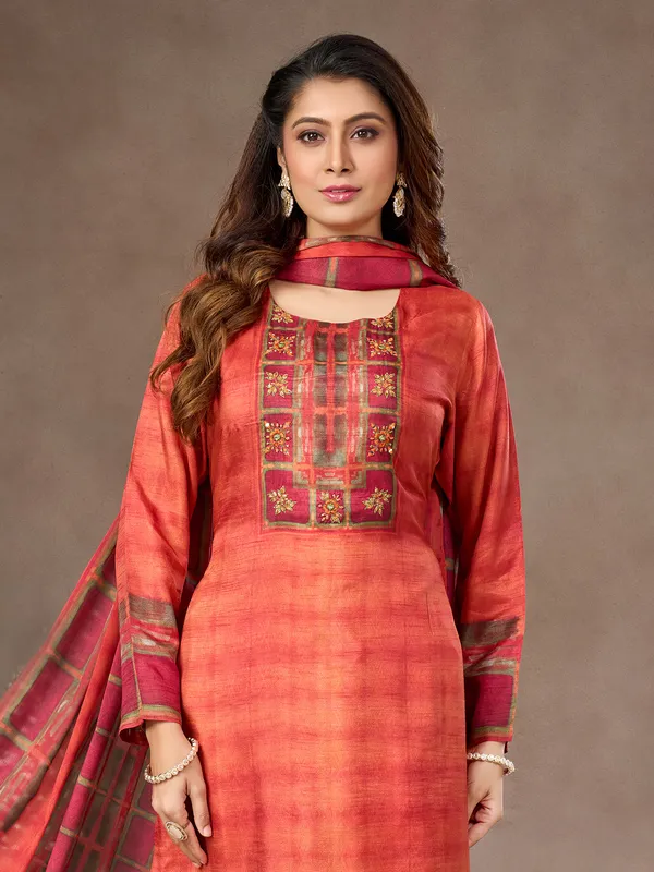 Rust orange silk salwar suit with embroidery and aabla