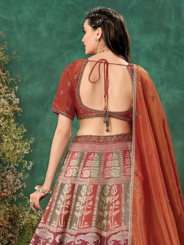 Rust orange tissue silk lehenga choli for wedding wear