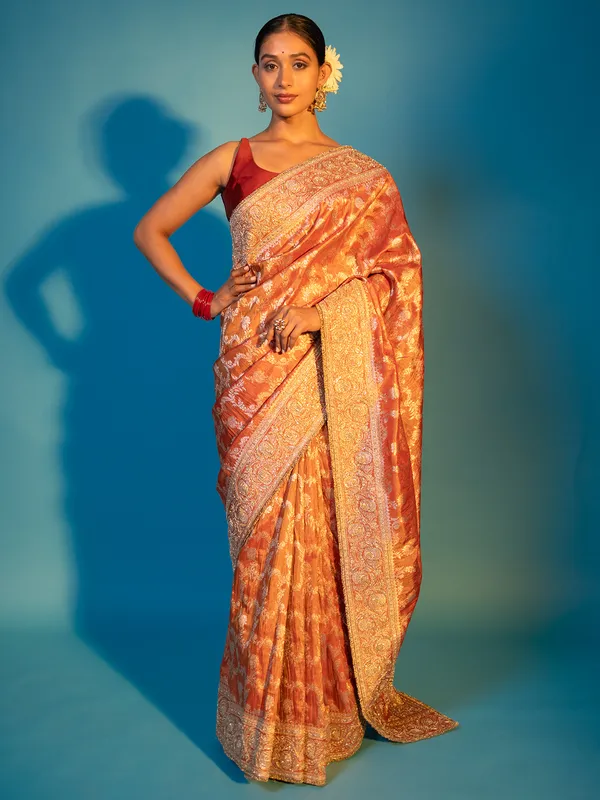 Rust orange wedding style kanjivaram silk saree