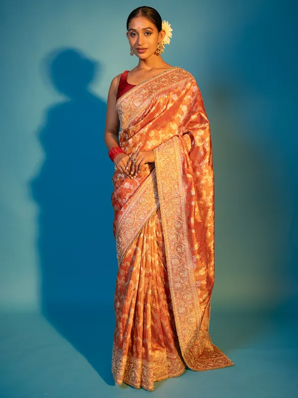 Rust orange wedding style kanjivaram silk saree